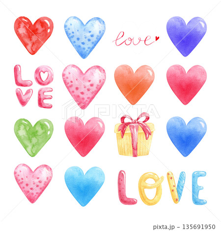 Watercolor set of colorful hearts, gift box and hand lettering. Cute romantic illustrations for Valentines Day, love cards, wedding designs, invitations, wrapping paper and festive decor. 135691950