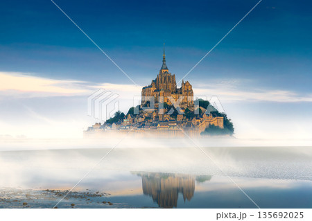 Mont Saint-Michel view in the sunrise light. Normandy, northern France 135692025