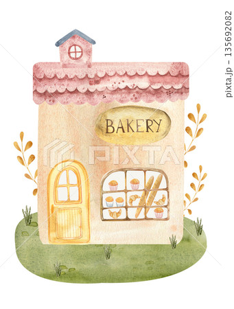 Fairytale watercolor bakery house with warm colors, soft textures and hand-painted details. Fairytale watercolor bakery house with warm colors, soft textures and hand-painted details. 135692082