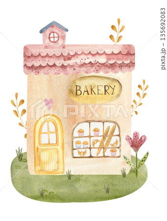 Fairytale watercolor bakery house with warm colors, soft textures and hand-painted details. 135692083