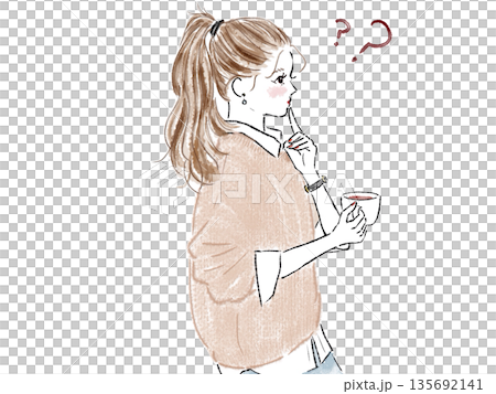 一位女子神情憂慮地喝著咖啡。 135692141