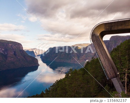 Aerial view. Fjord landscape at Stegastein viewpoint Norway Aerial view. Fjord landscape at Stegastein viewpoint Norway 135692237