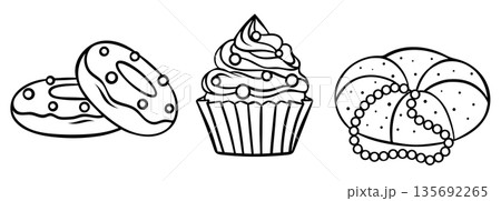 Black and white line art icon of a festive pastry, king cake, donuts, cupcake with bead decoration. Doodle style sketch for Mardi Gras, sweet treat, custom Black and white line art icon of a festive pastry, king cake, donuts, cupcake with bead decoration. Doodle style sketch for Mardi Gras, sweet treat, custom 135692265