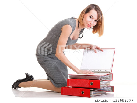 Woman work Overworked businesswoman plenty of documents isolated 135692377