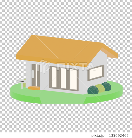 3D illustration of a house with an orange roof seen from an angle 135692465