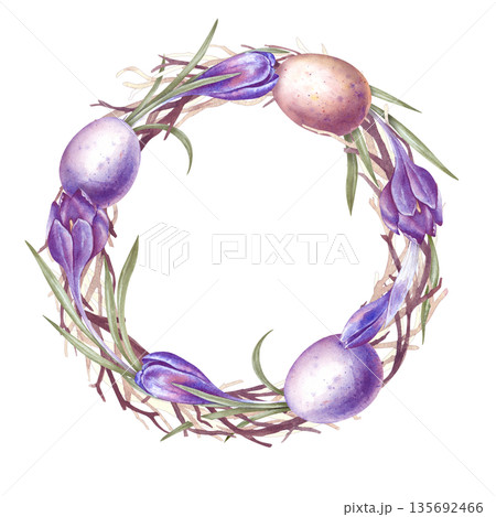 A round Easter wreath decorated with pink and lilac flower eggs and crocuses. Watercolor illustration of a festive decor on an isolated background. A delightful realistic clipart with dry branches and A round Easter wreath decorated with pink and lilac flower eggs and crocuses. Watercolor illustration of a festive decor on an isolated background. A delightful realistic clipart with dry branches and 135692466