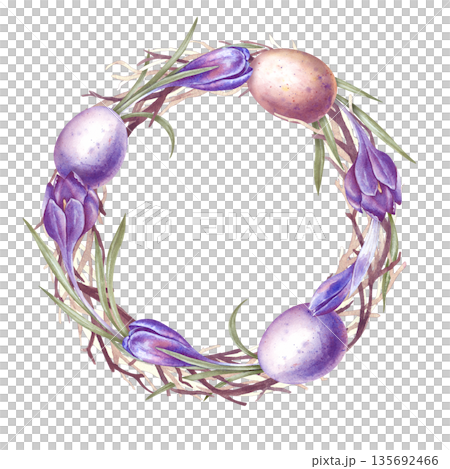 A round Easter wreath decorated with pink and lilac flower eggs and crocuses. Watercolor illustration of a festive decor on an isolated background. A delightful realistic clipart with dry branches and A round Easter wreath decorated with pink and lilac flower eggs and crocuses. Watercolor illustration of a festive decor on an isolated background. A delightful realistic clipart with dry branches and 135692466