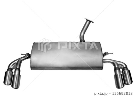 Chrome performance car muffler on a white background 135692818