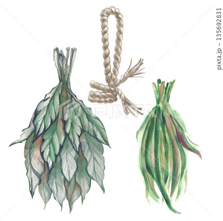 A set with two bunches of grass and a tied rope with a loop. Watercolor illustration of green grass and leaves for drying. Clipart in natural colors for esotericism, aromatherapy. 135692831