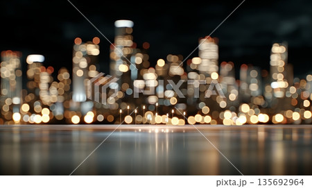 Twilight city horizon features distant tall buildings with soft reflections on gentle water 135692964