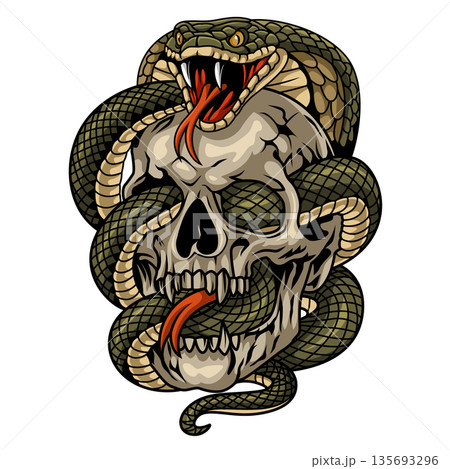 Skull head mascot wrapped around an angry cobra for t shirt needs 135693296