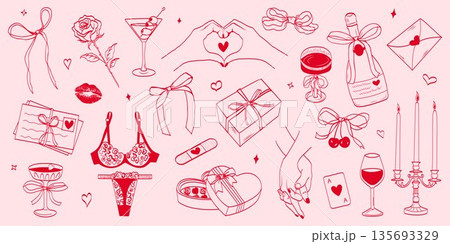 Whimsical hand drawn coquette illustration set in red ink on soft pink background. Romantic Valentine elements with bows, hearts, gifts and symbols, elegant feminine line art style. 135693329