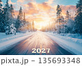 2027 on the road with Lapland landscape and sunset sky. 135693348