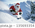 Santa Claus wearing glasses is sliding down a snowy mountain on a snowboard. 135693354