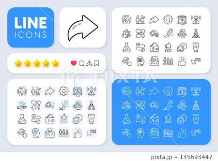 Christmas tree, Gears and Rating stars line icons for web app. Message, Share, Like social media icons. Pack of Money transfer, Market sale, Teamwork pictogram icons. Vector 135693447