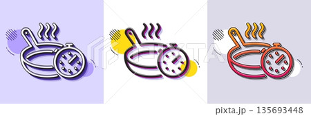 Frying pan line icon. Halftone dotted pattern. Gradient icon with grain shadow. Cooking timer sign. Food preparation symbol. Line frying pan icon. Various designs. Vector 135693448