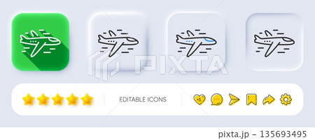 Airplane line icon. Neumorphic, Flat shadow, 3d buttons. Plane flight transport sign. Aircraft symbol. Line airplane icon. Social media icons. Vector 135693495
