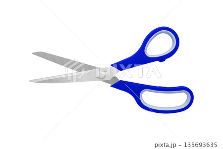 Blue Handled Scissors Half Open on White Background 135693635