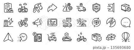 Warning, Petrol station and Delivery time line icons pack. Share, Message, Paper plane icons. Delivery timer, Air balloon, Transport insurance web icon. Vector Warning, Petrol station and Delivery time line icons pack. Share, Message, Paper plane icons. Delivery timer, Air balloon, Transport insurance web icon. Vector 135693680