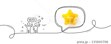 Voting campaign line icon. Continuous line with 3d star. People rally with signs. Public election symbol. 3d star in speech bubble. Voting campaign single line ribbon. Loop curve pattern. Vector 135693706