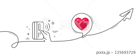 Contactless payment card line icon. Continuous line with share plane. Money sign. 3d heart in speech bubble. Contactless payment single line ribbon. Loop curve pattern. Vector Contactless payment card line icon. Continuous line with share plane. Money sign. 3d heart in speech bubble. Contactless payment single line ribbon. Loop curve pattern. Vector 135693729