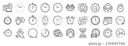 Time and clock line icons. Settings gear, Message, Inflation icons. Timer, Alarm and Smartwatch. Time management, 24 hour clock, deadline alarm icons. Vector 135693748