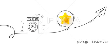 Dryer machine line icon. Continuous line with share plane. Laundry service sign. Dry clothing symbol. 3d star in speech bubble. Dryer machine single line ribbon. Loop curve pattern. Vector 135693778