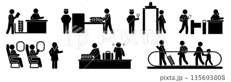 空港　搭乗手続き、荷物受け取りなどの一連の流れを示すピクトグラム 135693808