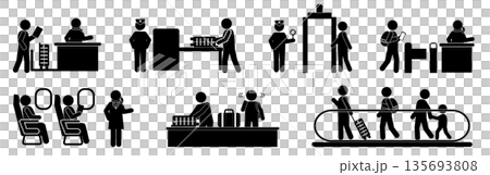 Airport Pictograms showing the process of boarding procedures, baggage claim, etc. 135693808