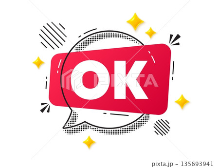 OK chat speech bubble. Social media concept. OK text tag. Approved okay message. Done or Good deal symbol. Red chat message. Offer speech bubble. Glare 3d stars. Vector OK chat speech bubble. Social media concept. OK text tag. Approved okay message. Done or Good deal symbol. Red chat message. Offer speech bubble. Glare 3d stars. Vector 135693941