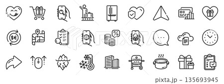 Freezing, Time management and Romantic gift line icons pack. Share, Message, Paper plane icons. 3d app, Swipe up, Checklist web icon. Refrigerator, Gas grill, Money currency pictogram. Vector 135693945
