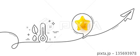 Thermometer line icon. Continuous line with share plane. Humidity and leaf sign. Moisture symbol. 3d star in speech bubble. Thermometer single line ribbon. Loop curve pattern. Vector 135693978