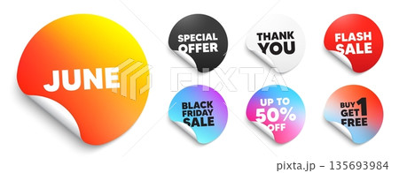 June sticker tag. Special offer paper price tags. June month icon. Event schedule Jun date. Meeting appointment planner. Discount, black friday sticker. Promo banner. Vector June sticker tag. Special offer paper price tags. June month icon. Event schedule Jun date. Meeting appointment planner. Discount, black friday sticker. Promo banner. Vector 135693984