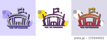 Sports stadium line icon. Halftone dotted pattern. Gradient icon with grain shadow. Arena with flag sign. Sport complex symbol. Line arena icon. Various designs. Vector 135694002