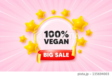 Vegan food sunburst ray banner. Big sale flag ribbon. 100 percent vegan tag. Organic bio food sign. Vegetarian product symbol. 3d stars glitter. Red ribbon tag. Discount offer. Vector Vegan food sunburst ray banner. Big sale flag ribbon. 100 percent vegan tag. Organic bio food sign. Vegetarian product symbol. 3d stars glitter. Red ribbon tag. Discount offer. Vector 135694003