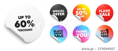 Discount tag sticker tag. Special offer paper price tags. Up to 60 percent discount. Sale offer price sign. Special offer symbol. Save 60 percentages. Discount, black friday sticker. Vector Discount tag sticker tag. Special offer paper price tags. Up to 60 percent discount. Sale offer price sign. Special offer symbol. Save 60 percentages. Discount, black friday sticker. Vector 135694007