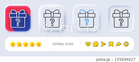 Gift box with Question mark line icon. Neumorphic, Flat shadow, 3d buttons. Present or Sale sign. Birthday Shopping symbol. Package in Gift Wrap. Line secret gift icon. Social media icons. Vector 135694027