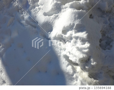 Snow Covers the Street as People Walk and Play in the Winter Scene During a Sunny Day 135694188