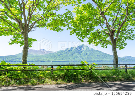 初夏の支笏湖、樽前山、風不死岳　千歳市 135694259