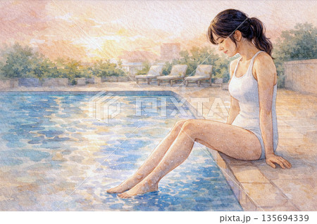 プールサイドで休む、日本人女性の脚と足首の健康美 135694339