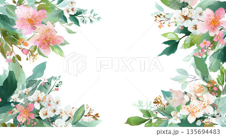 水彩画風の優しい花と植物のフレーム背景 水彩画風の優しい花と植物のフレーム背景 135694483
