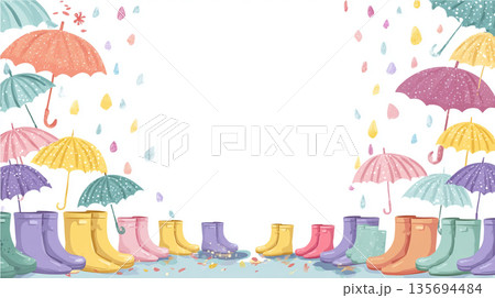 カラフルな傘と長靴のフレームイラスト 135694484