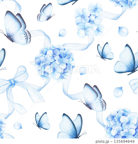 Watercolor seamless pattern with butterflies and hydrangea flowers. Hand drawn illustration Watercolor seamless pattern with butterflies and hydrangea flowers. Hand drawn illustration 135694649
