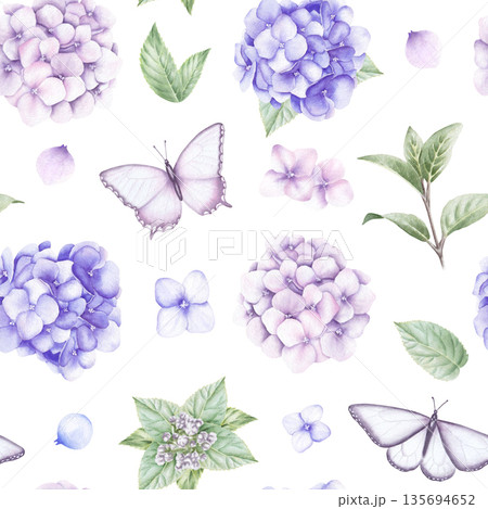 Watercolor seamless pattern with butterflies and hydrangea flowers and leaves. Hand drawn illustration 135694652