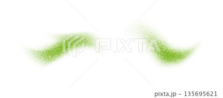 Matcha powder splashes set. Greed tea leaves particles bursts. Herbal dust sand textured piles. Flying dry flakes scattered on surface. Asian natural drink beverage ingredient explosion. Vector Matcha powder splashes set. Greed tea leaves particles bursts. Herbal dust sand textured piles. Flying dry flakes scattered on surface. Asian natural drink beverage ingredient explosion. Vector 135695621