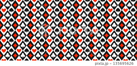Seamless playing cards pattern. Repeating diamonds, spades, clubs, hearts symbols background. Poker or casino table theme wallpaper. Repeated lozenge gambling concept texture. Vector Seamless playing cards pattern. Repeating diamonds, spades, clubs, hearts symbols background. Poker or casino table theme wallpaper. Repeated lozenge gambling concept texture. Vector 135695626