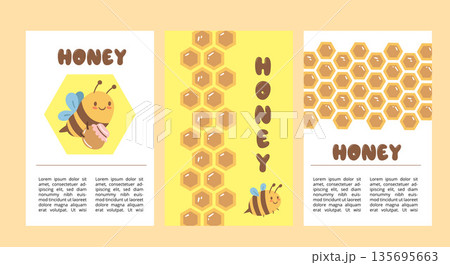 Honey packaging design set with cute illustrations and patterns. Perfect for labels, jars, branding, farmers markets and handmade food products. Honey packaging design set with cute illustrations and patterns. Perfect for labels, jars, branding, farmers markets and handmade food products. 135695663