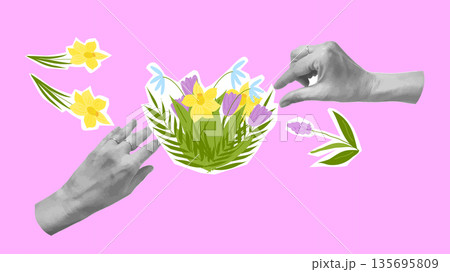 Mothers Day Collage Flowers Hearts Love Mom. For card poster social media graphic or web design in marketing campaigns. Vector illustration. 135695809
