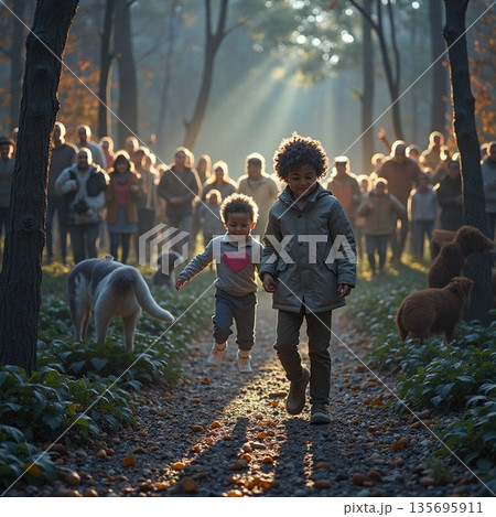 秋の公園で遊ぶ子供たち 135695911