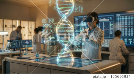 最先端のDNA解析と遺伝子研究　新薬開発に取り組む科学者と膨大なデータ 135695934